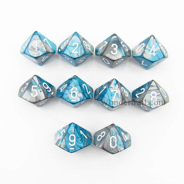 CHX26256 Steel Teal Gemini Dice White Numbers D10 16mm Pack of 10 (ONLINE ORDER ONLY)