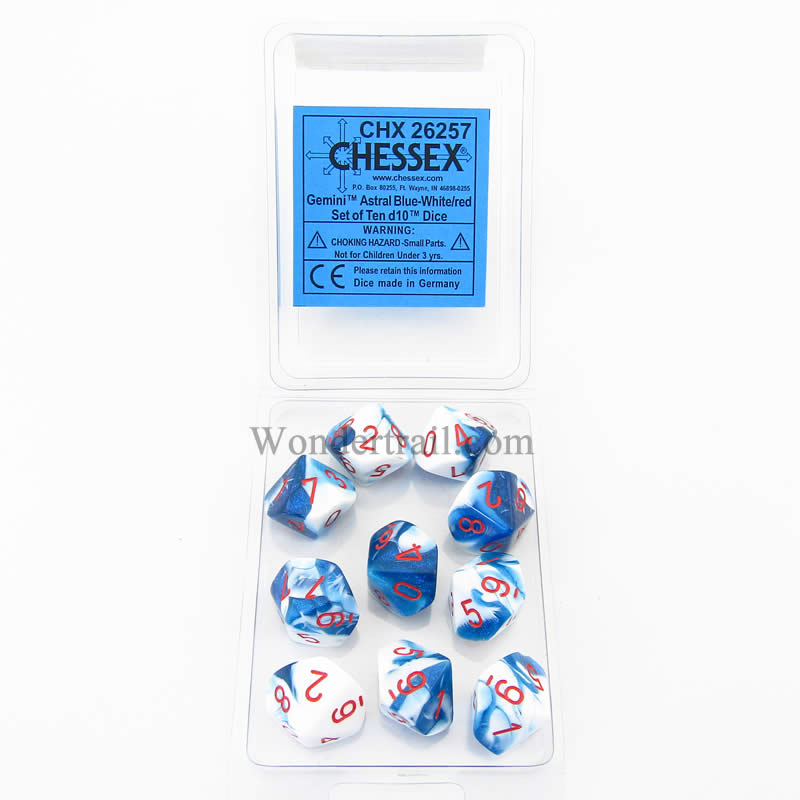 CHX26257 Astral Blue White Gemini Dice Red Numbers D10 16mm Pack of 10 (ONLINE ORDER ONLY)