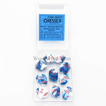 CHX26257 Astral Blue White Gemini Dice Red Numbers D10 16mm Pack of 10 (ONLINE ORDER ONLY)