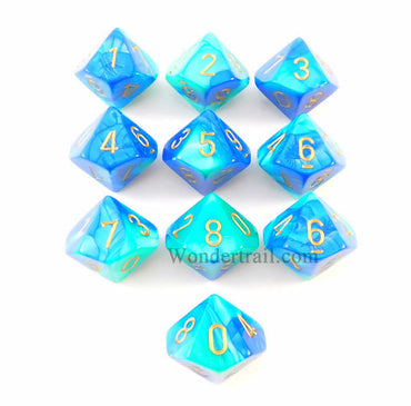 CHX26259 Blue Teal Gemini Dice Gold Numbers D10 16mm Pack of 10 (ONLINE ORDER ONLY)