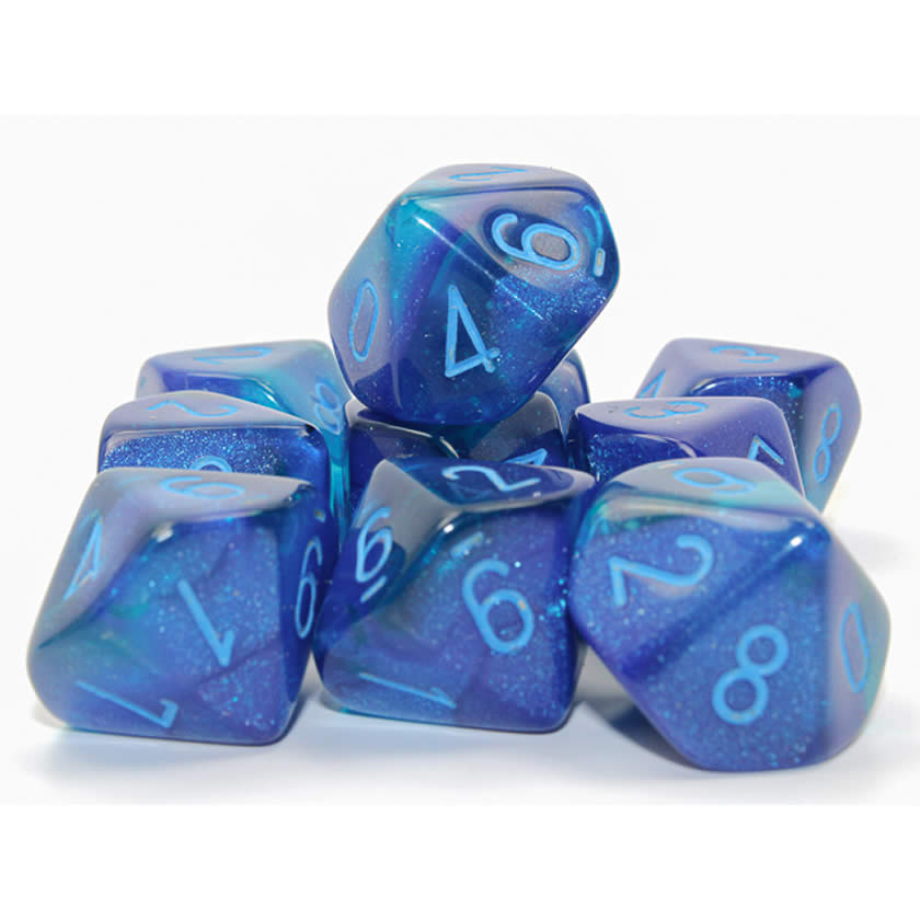CHX26263 Blue and Blue Gemini Luminary Dice Light Blue Numbers D10 16mm (5/8in) Pack of 10 Dice (ONLINE ORDER ONLY)