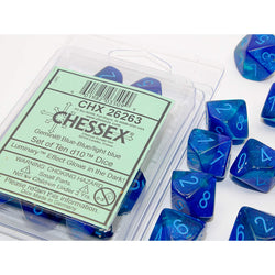 CHX26263 Blue and Blue Gemini Luminary Dice Light Blue Numbers D10 16mm (5/8in) Pack of 10 Dice (ONLINE ORDER ONLY)