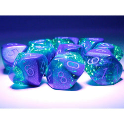 CHX26263 Blue and Blue Gemini Luminary Dice Light Blue Numbers D10 16mm (5/8in) Pack of 10 Dice (ONLINE ORDER ONLY)