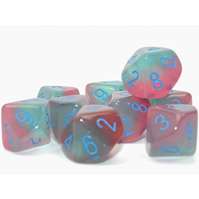 CHX26264 Gel Green and Pink Gemini Luminary Dice Light Blue Numbers D10 16mm (5/8in) Pack of 10 Dice (ONLINE ORDER ONLY)