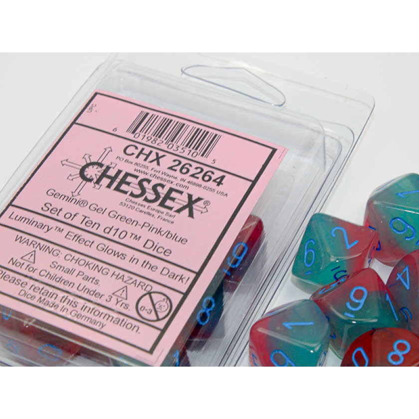 CHX26264 Gel Green and Pink Gemini Luminary Dice Light Blue Numbers D10 16mm (5/8in) Pack of 10 Dice (ONLINE ORDER ONLY)