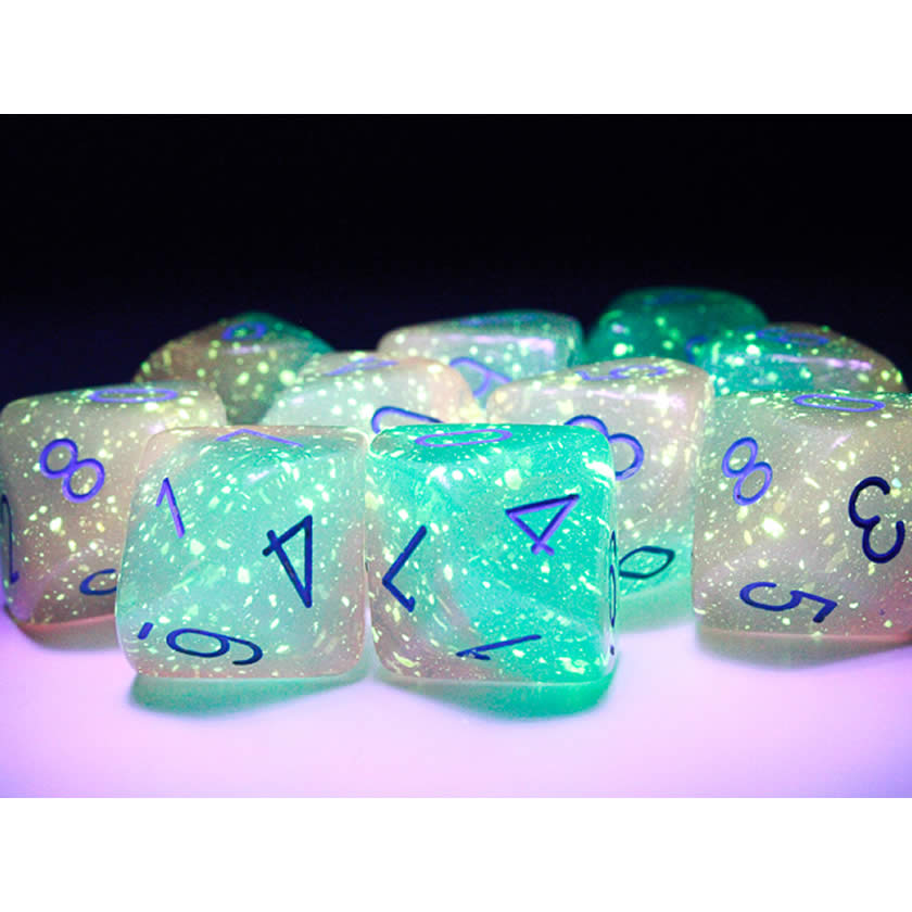 CHX26264 Gel Green and Pink Gemini Luminary Dice Light Blue Numbers D10 16mm (5/8in) Pack of 10 Dice (ONLINE ORDER ONLY)