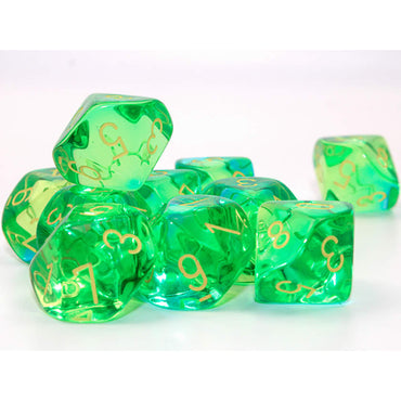 CHX26266 Translucent Green and Teal Gemini Dice Yelllow Numbers D10 16mm (5/8in) Pack of 10 Dice (ONLINE ORDER ONLY)
