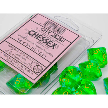 CHX26266 Translucent Green and Teal Gemini Dice Yelllow Numbers D10 16mm (5/8in) Pack of 10 Dice (ONLINE ORDER ONLY)