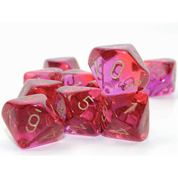 CHX26267 Translucent Red and Violet Gemini Dice Gold Numbers D10 16mm (5/8in) Pack of 10 Dice (ONLINE ORDER ONLY)