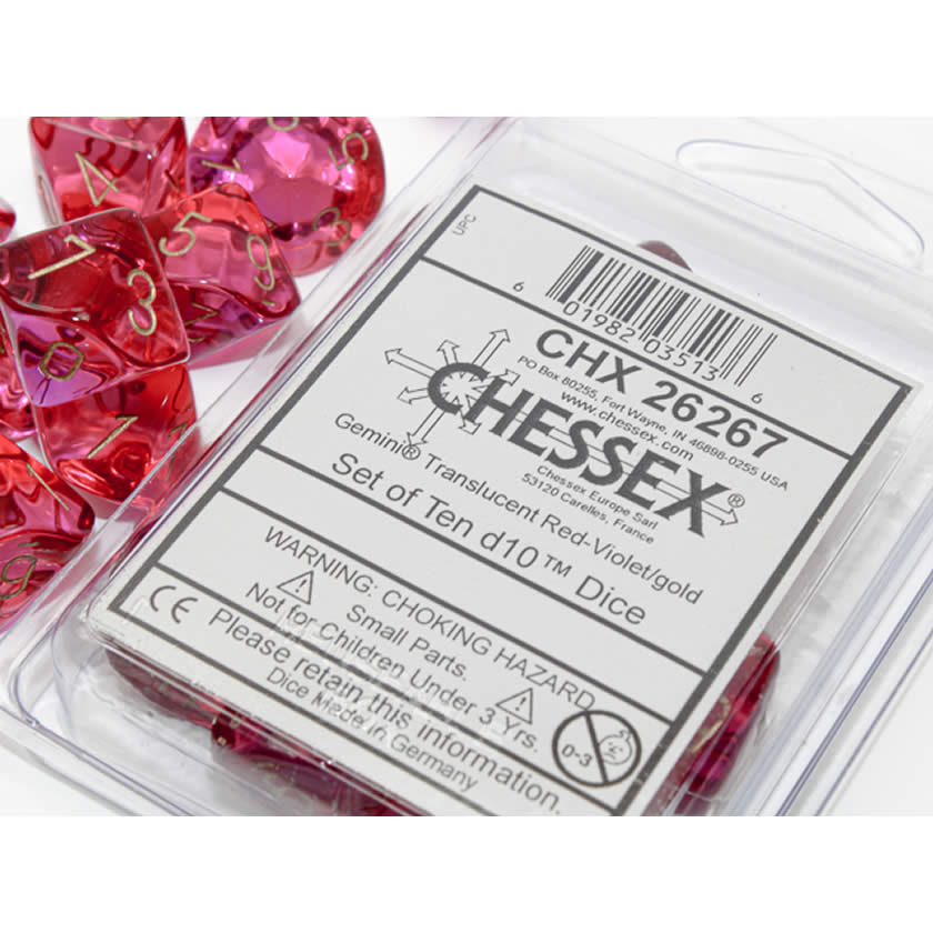 CHX26267 Translucent Red and Violet Gemini Dice Gold Numbers D10 16mm (5/8in) Pack of 10 Dice (ONLINE ORDER ONLY)
