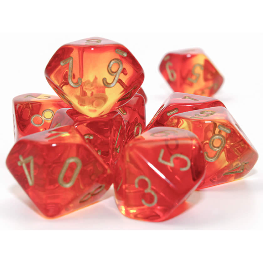CHX26268 Translucent Red and Yellow Gemini Dice Gold Numbers D10 16mm (5/8in) Pack of 10 Dice (ONLINE ORDER ONLY)