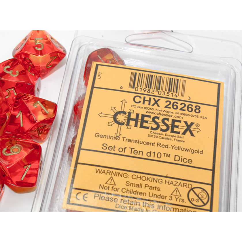 CHX26268 Translucent Red and Yellow Gemini Dice Gold Numbers D10 16mm (5/8in) Pack of 10 Dice (ONLINE ORDER ONLY)
