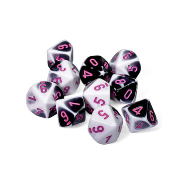 CHX26269 Black and White Gemini Dice with Pink Numbers D10 16mm (5/8in) Pack of 10 Dice Chessex (ONLINE ORDER ONLY)