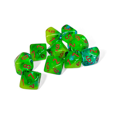 CHX26270 Plasma Green and Teal Gemini Luminary Dice with Orange Numbers D10 16mm (5/8in) Pack of 10 Dice Chessex (ONLINE ORDER ONLY)