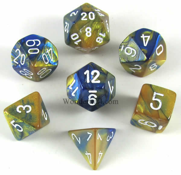 CHX26422 Blue and Gold Gemini Dice White Numbers 16mm (5/8in) Set of 7 (ONLINE ORDER ONLY)