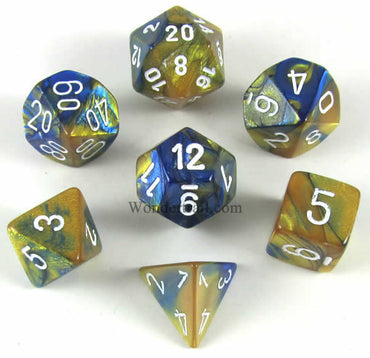 CHX26422 Blue and Gold Gemini Dice White Numbers 16mm (5/8in) Set of 7 (ONLINE ORDER ONLY)