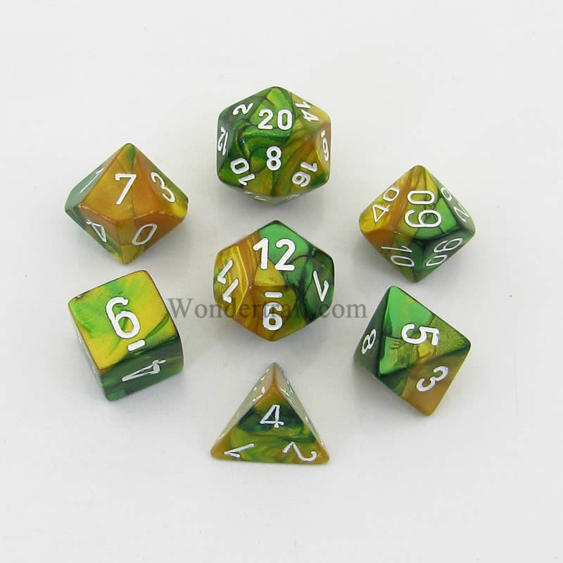 CHX26425 Gold Green Gemini Dice White Numbers 16mm (5/8in) Set of 7 (ONLINE ORDER ONLY)