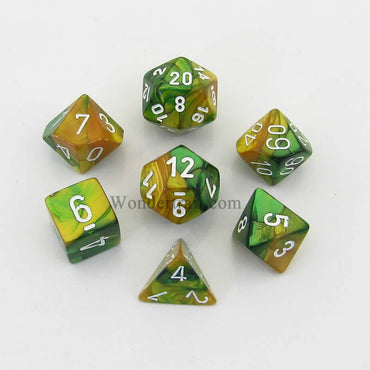 CHX26425 Gold Green Gemini Dice White Numbers 16mm (5/8in) Set of 7 (ONLINE ORDER ONLY)