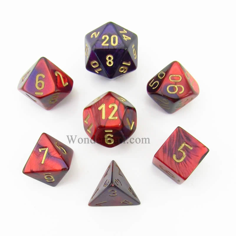 CHX26426 Purple and Red Gemini Dice Gold Numbers 16mm (5/8in) Set of 7 (ONLINE ORDER ONLY)