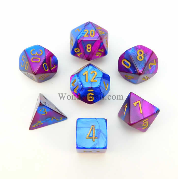 CHX26428 Blue and Purple Gemini Dice Gold Numbers 16mm (5/8in) Set of 7 (ONLINE ORDER ONLY)