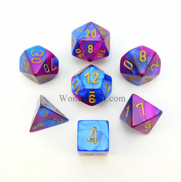 CHX26428 Blue and Purple Gemini Dice Gold Numbers 16mm (5/8in) Set of 7 (ONLINE ORDER ONLY)