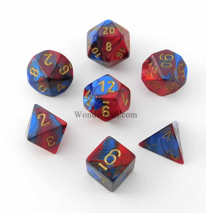 CHX26429 Blue and Red Gemini Dice Gold Numbers 16mm (5/8in) Set of 7 (ONLINE ORDER ONLY)