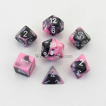 CHX26430 Black and Pink Gemini Dice White Numbers 7 Dice Set 16mm (ONLINE ORDER ONLY)