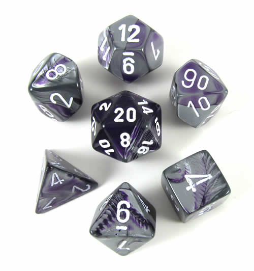 CHX26432 Purple and Steel Gemini Dice White Numbers 7 Dice Set 16mm (ONLINE ORDER ONLY)