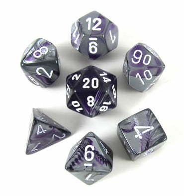 CHX26432 Purple and Steel Gemini Dice White Numbers 7 Dice Set 16mm (ONLINE ORDER ONLY)