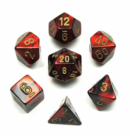 CHX26433 Black and Red Gemini Dice Gold Numbers 7 Dice Set 16mm (ONLINE ORDER ONLY)