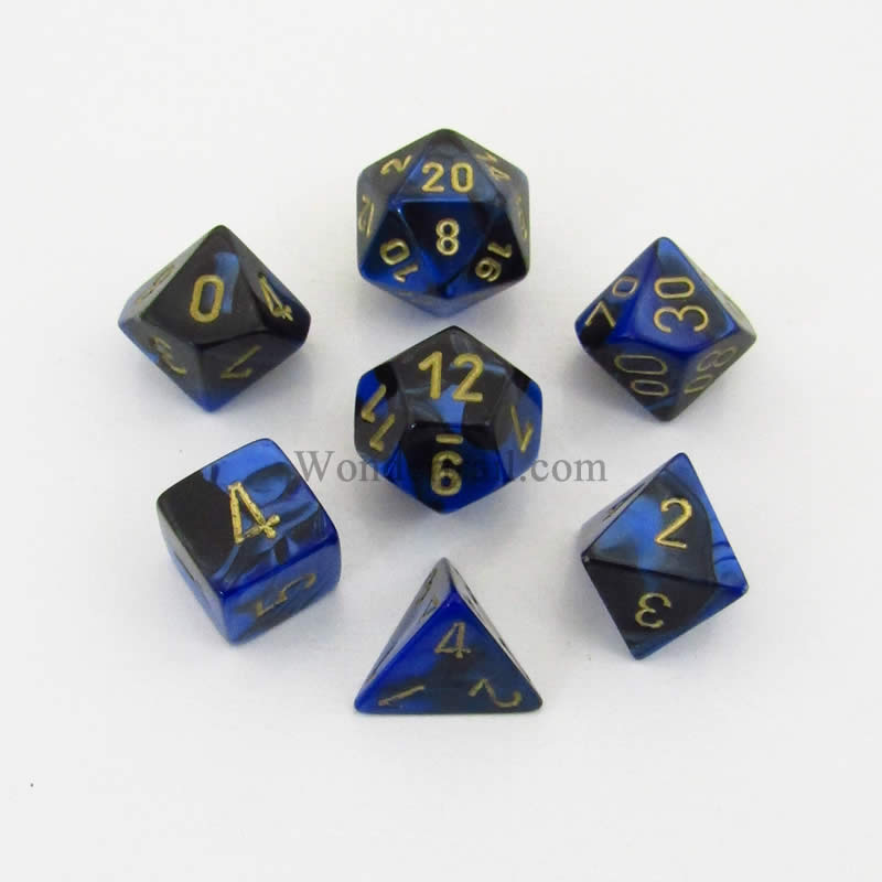CHX26435 Black and Blue Gemini Dice Gold Numbers 7 Dice Set 16mm (ONLINE ORDER ONLY)
