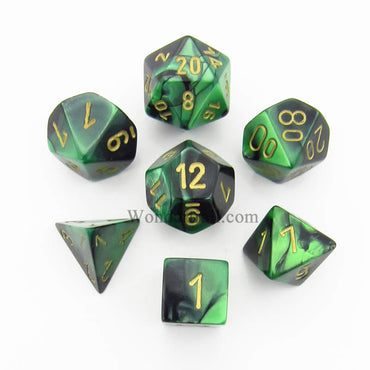 CHX26439 Black Green Gemini Dice Gold Numbers 7 Dice Set 16mm (ONLINE ORDER ONLY)