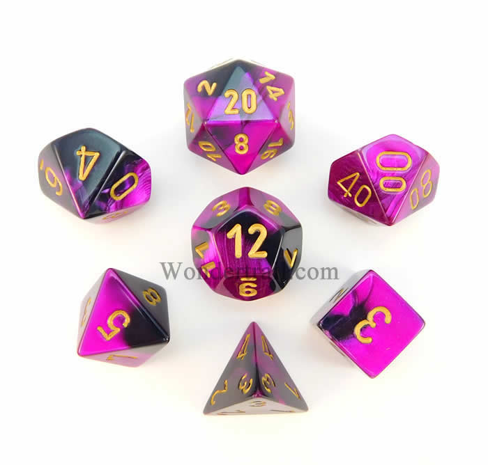 CHX26440 Black and Purple Gemini Dice Gold Numbers 7 Dice Set 16mm (ONLINE ORDER ONLY)