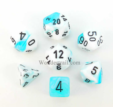 CHX26444 White and Teal Gemini Dice Black Numbers 7 Dice Set 16mm (ONLINE ORDER ONLY)