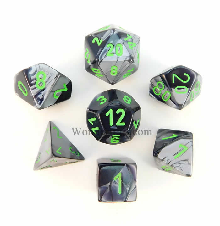 CHX26445 Black and Gray Gemini Dice Green Numbers 7 Dice Set 16mm (ONLINE ORDER ONLY)
