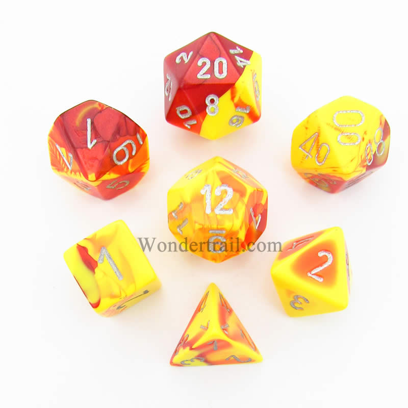 CHX26450 Red and Yellow Gemini Dice Silver Numbers 7 Dice Set 16mm (ONLINE ORDER ONLY)