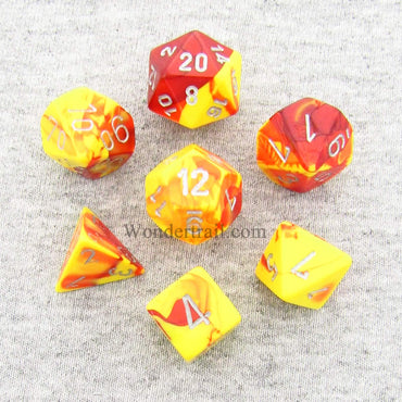 CHX26450 Red and Yellow Gemini Dice Silver Numbers 7 Dice Set 16mm (ONLINE ORDER ONLY)
