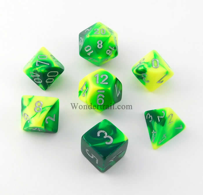 CHX26454 Green and Yellow Gemini Dice Silver Numbers 7 Dice Set 16mm (ONLINE ORDER ONLY)