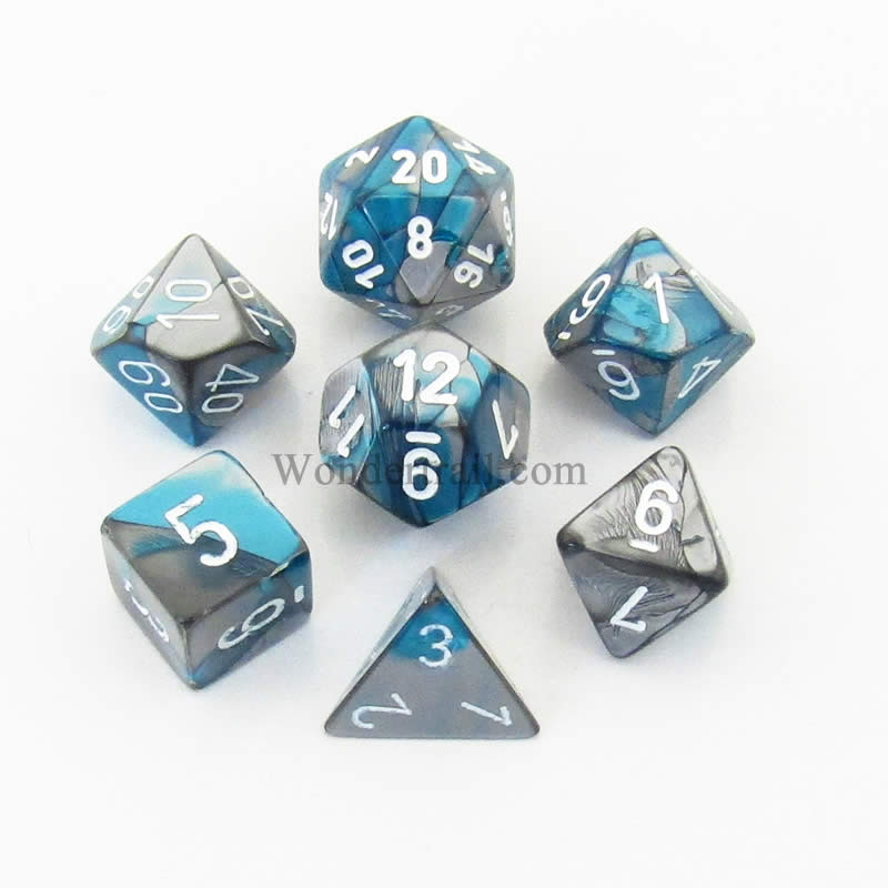 CHX26456 Steel and Teal Gemini Dice White Numbers 7 Dice Set 16mm (ONLINE ORDER ONLY)