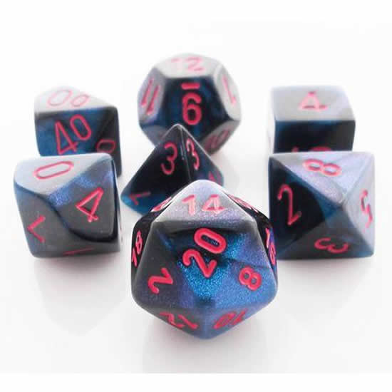 CHX26458 Black and Starlight Blue Gemini Dice Red Numbers 7 Dice 16mm (ONLINE ORDER ONLY)