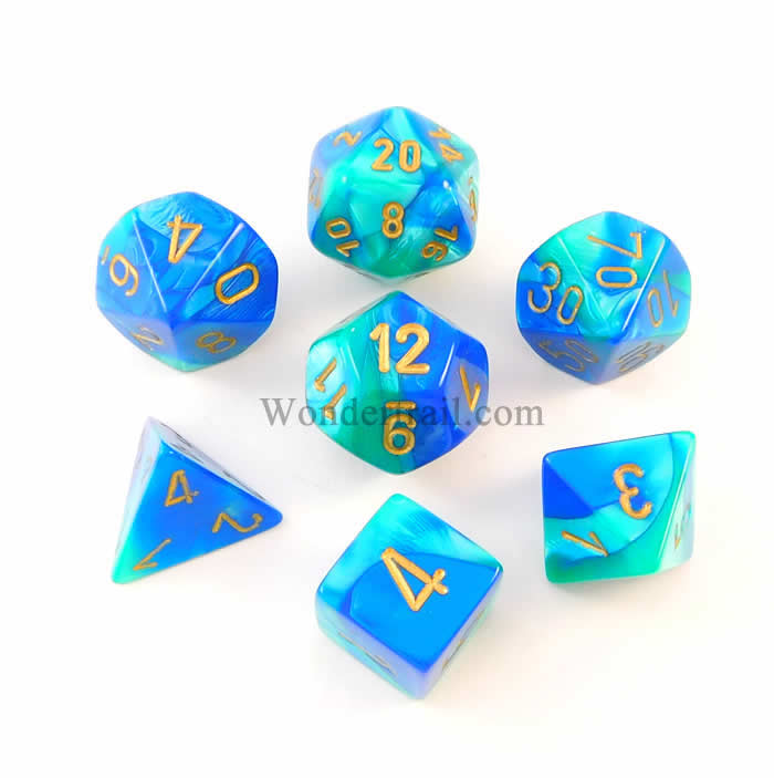 CHX26459 Blue and Teal Gemini Dice with Gold Numbers 7 Dice Set 16mm (ONLINE ORDER ONLY)