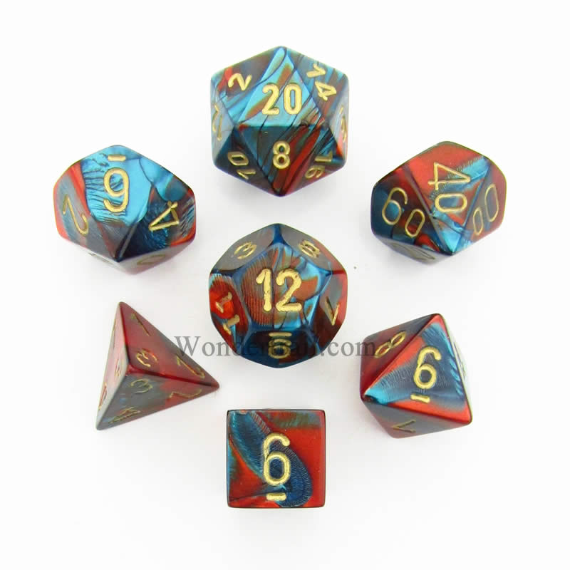 CHX26462 Red and Teal Gemini Dice with Gold Numbers 7 Dice Set 16mm (ONLINE ORDER ONLY)