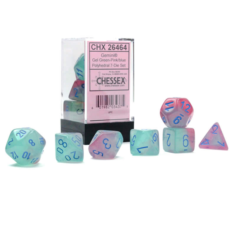 CHX26464 Gel Green and Pink Gemini Luminary Dice with Blue Numbers 7 Dice Set 16mm (5/8in) (ONLINE ORDER ONLY)