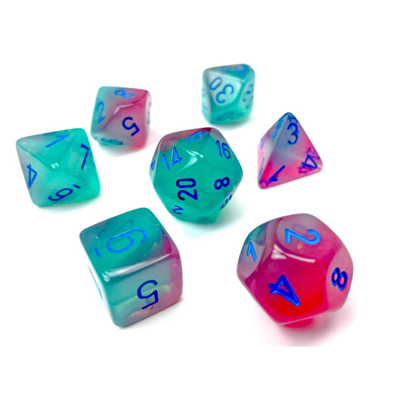 CHX26464 Gel Green and Pink Gemini Luminary Dice with Blue Numbers 7 Dice Set 16mm (5/8in) (ONLINE ORDER ONLY)