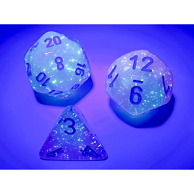 CHX26464 Gel Green and Pink Gemini Luminary Dice with Blue Numbers 7 Dice Set 16mm (5/8in) (ONLINE ORDER ONLY)
