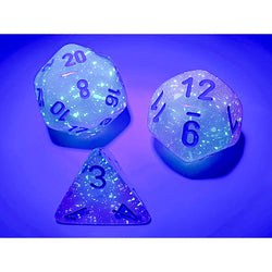 CHX26464 Gel Green and Pink Gemini Luminary Dice with Blue Numbers 7 Dice Set 16mm (5/8in) (ONLINE ORDER ONLY)