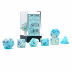 CHX26465 Turquoise and White Gemini Luminary Dice with Blue Numbers 7 Dice Set 16mm (5/8in) (ONLINE ORDER ONLY)