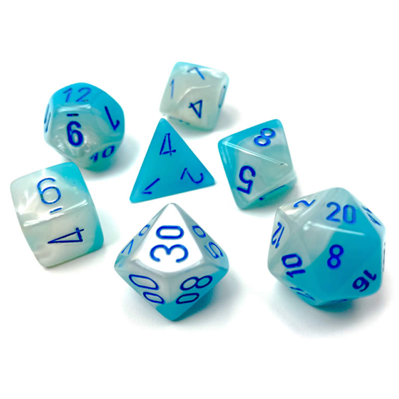 CHX26465 Turquoise and White Gemini Luminary Dice with Blue Numbers 7 Dice Set 16mm (5/8in) (ONLINE ORDER ONLY)