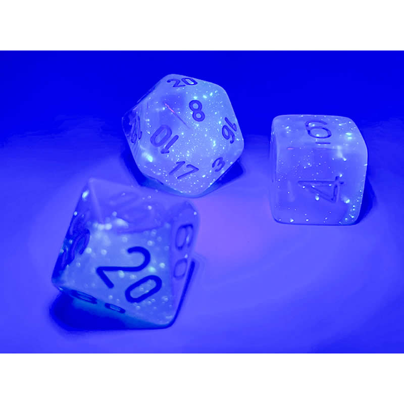 CHX26465 Turquoise and White Gemini Luminary Dice with Blue Numbers 7 Dice Set 16mm (5/8in) (ONLINE ORDER ONLY)
