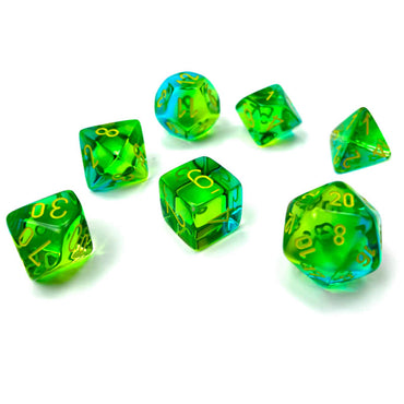CHX26466 Green and Teal Gemini Translucent Dice with Yellow Numbers 7 Dice Set 16mm (5/8in) (ONLINE ORDER ONLY)